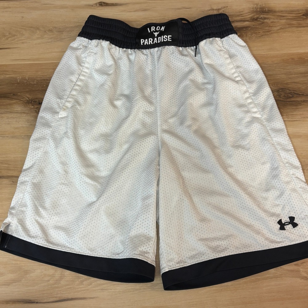 Under Armour Shorts Mens Medium Iron Paradise The Rock Mesh White Black Training